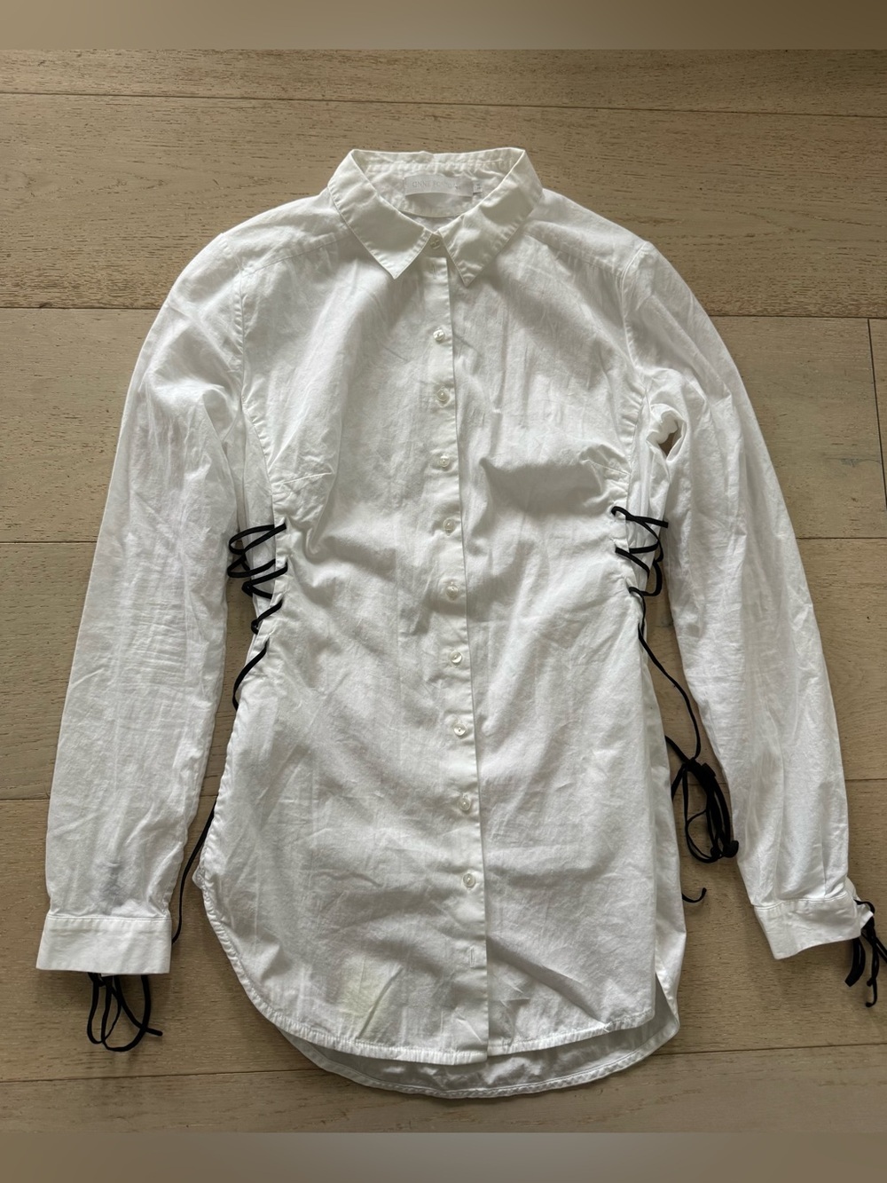 Vintage Anne Fontaine White black ribbon lace up / Button-Up Blouse S/36 - Picture 3 of 7